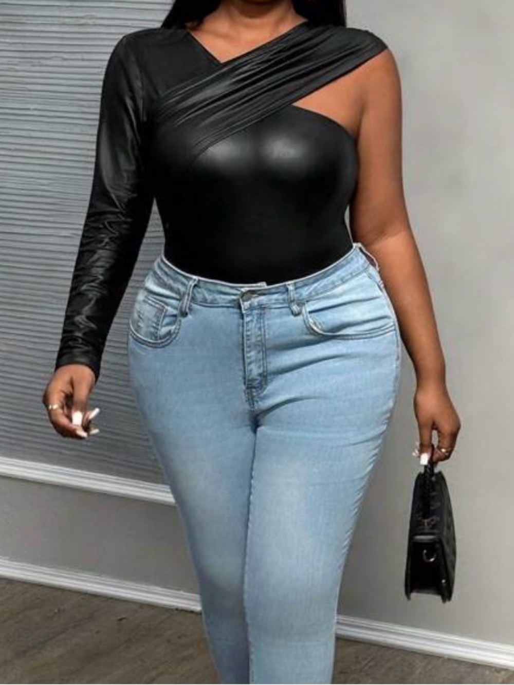 One-Shoulder Black Faux-Leather Women’s Top